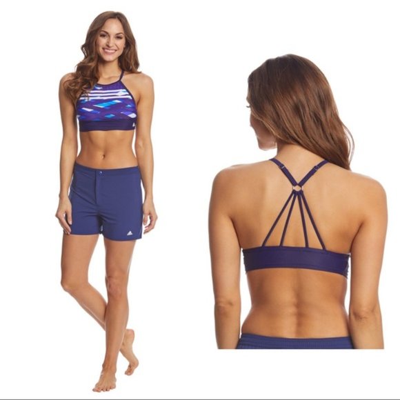 Adidas Overlay Blue Striped Swim Crop Top | Triangle Bikini Top, M - Picture 2 of 7